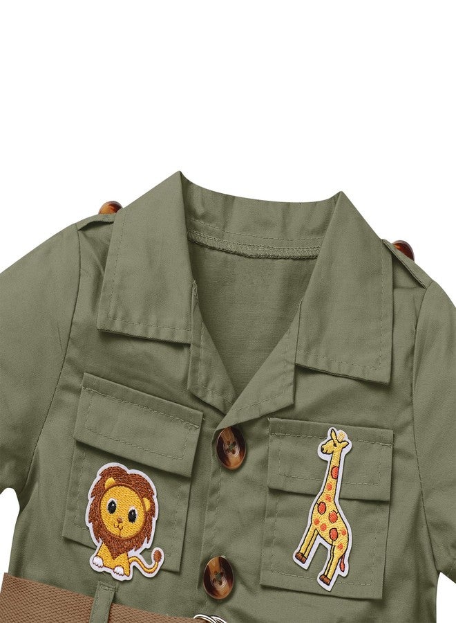 ODOLDI Baby Safari Outfit Wild One Birthday Outfit Girl Short Sleeve Safari Jumpsuit with Hat Toddler Zoo Keeper Army green 18-24 Months - Image 3